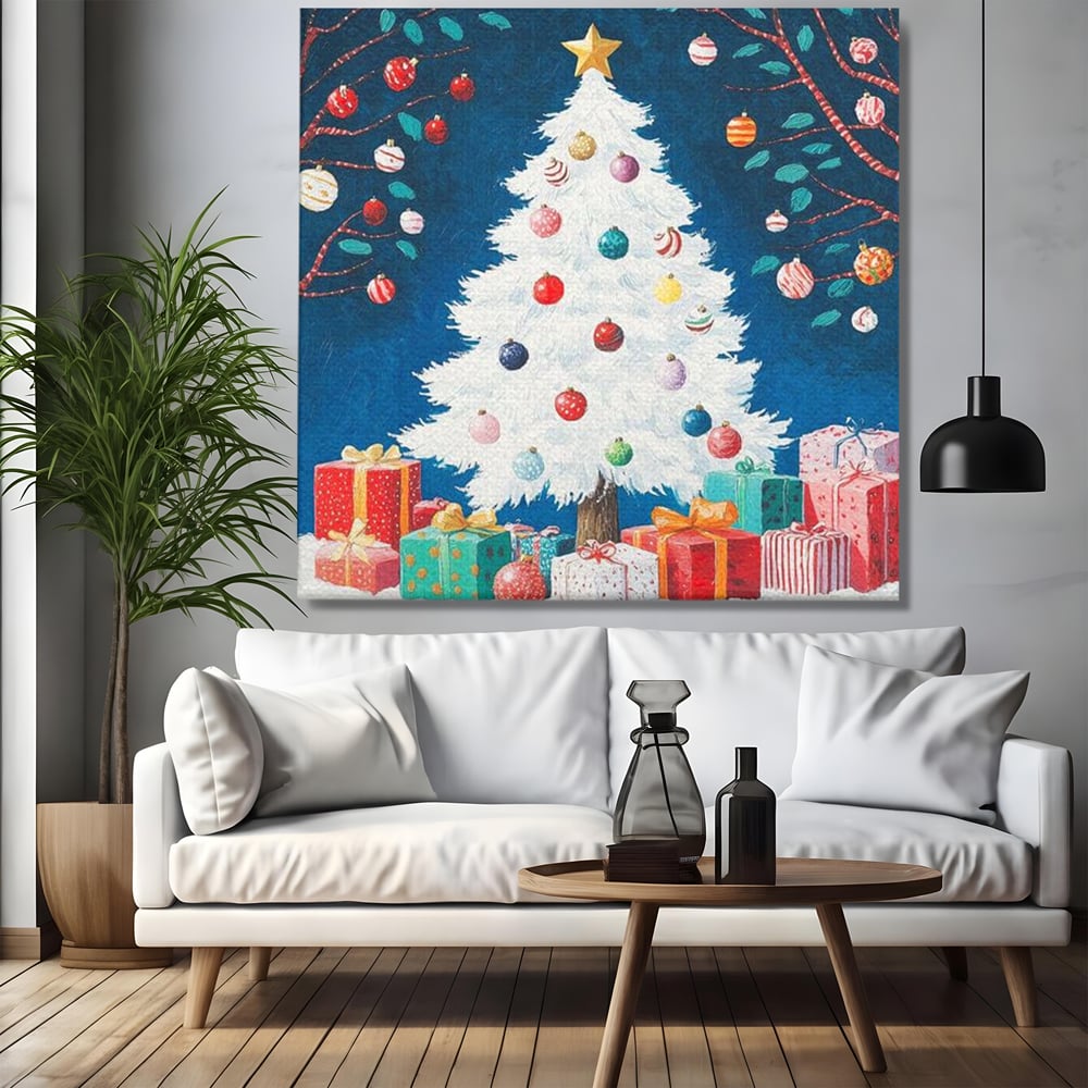 Tablou canvas cu pictura cu brad alb de craciun, fara rama, pe sasiu de lemn, pe perete intr-un living